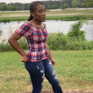 ALMOST FAMOUS Red Plaid Off the shoulder top